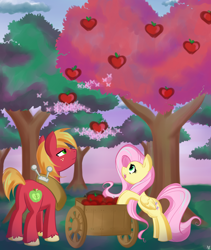 Size: 1600x1900 | Tagged: safe, artist:bamboodog, character:big mcintosh, character:fluttershy, species:earth pony, species:pony, ship:fluttermac, apple, apple tree, butterfly, cart, female, male, mare, shipping, stallion, straight, tree