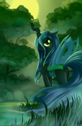 Size: 3300x5100 | Tagged: safe, artist:grennadder, character:queen chrysalis, species:changeling, changeling queen, female, river, solo, tree