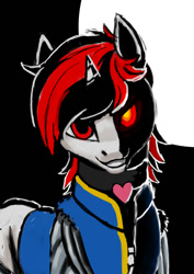Size: 500x707 | Tagged: safe, artist:wwredgrave, oc, oc only, oc:blackjack, species:pony, species:unicorn, fallout equestria, clothing, fanfic, fanfic art, female, heart, horn, mare, solo, vault suit