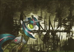 Size: 3480x2450 | Tagged: safe, artist:kairaanix, character:twilight sparkle, among the ruins, apocalypse, clothing, fanfic, fanfic art, fanfic cover, female, solo, traditional art, watercolor painting