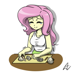 Size: 1000x1000 | Tagged: safe, artist:acesrockz, character:fluttershy, my little pony:equestria girls, breasts, busty fluttershy, clothing, crying, cutting, cutting board, eyes closed, female, food, knife, onion, simple background, solo, table, tank top, teary eyes, white background