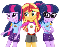 Size: 1377x1054 | Tagged: safe, artist:majkashinoda626, character:sunset shimmer, character:twilight sparkle, character:twilight sparkle (alicorn), character:twilight sparkle (scitwi), species:eqg human, ship:scitwishimmer, ship:sunsetsparkle, equestria girls:legend of everfree, g4, my little pony: equestria girls, my little pony:equestria girls, blushing, clothing, crossed arms, female, glasses, lesbian, shipping, shorts, sunset twiangle, twolight