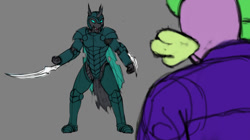 Size: 750x420 | Tagged: safe, artist:wwredgrave, character:spike, character:thorax, species:anthro, species:changeling, species:plantigrade anthro, spoilers for another series, armor, crossover, fn-2199, helmet, star wars, star wars: the force awakens, the force awakens, tr-8r, traitor, weapon, wip