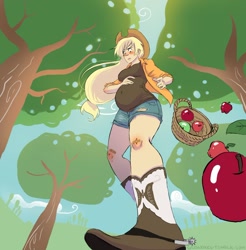 Size: 1280x1299 | Tagged: safe, artist:glasmond, character:applejack, apple, applebucking thighs, bandaid, basket, female, humanized, low angle, orchard, perspective, preggo jack, pregnant, solo, spurs, working