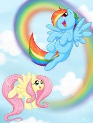 Size: 759x1000 | Tagged: safe, artist:onnanoko, character:fluttershy, character:rainbow dash, flying, rainbow trail