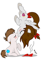 Size: 3400x4949 | Tagged: safe, artist:rsa.fim, oc, oc only, oc:crash bash, oc:whisper hope, species:earth pony, species:pegasus, species:pony, blushing, bow, couple, crashope, eyes closed, flustered, kissing, making out, male, mexican, oc x oc, plop, shipping, straight, tail bow, unitárium