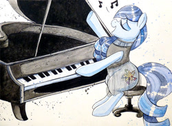 Size: 994x729 | Tagged: safe, artist:prettypinkpony, character:coloratura, commission, eyes closed, female, music notes, piano, sitting, solo, traditional art