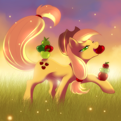 Size: 900x900 | Tagged: safe, artist:jacky-bunny, character:applejack, species:earth pony, species:pony, apple, balancing, colored pupils, female, grass, lidded eyes, mare, mouth hold, solo, that pony sure does love apples