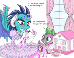 Size: 3200x2500 | Tagged: safe, artist:avchonline, character:princess celestia, character:princess ember, character:spike, species:dragon, ballerina, blushing, bow, butterfly, canterlot royal ballet academy, claws, clothing, comb, curtain, dollhouse, dragon wings, dragoness, dress, engrish, evening gloves, fangs, female, gloves, hello kitty, horns, jewelry, lace, male, open mouth, pinklestia, playing, ribbon, sanrio, teacup, tiara, tomboy taming, toy, tutu, window, wings, wrong cutie mark