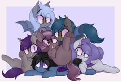 Size: 1278x875 | Tagged: safe, artist:toroitimu, oc, oc only, oc:chiro, oc:ipomoea, oc:iris, oc:nolegs, oc:panne, oc:speck, species:bat pony, species:pony, cuddle puddle, cuddling, cute, cute little fangs, fangs, group, looking at you, looking back, looking down, on back, open mouth, pile, pony pile, prone, smiling, spread wings, underhoof, wings