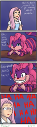 Size: 303x1044 | Tagged: safe, artist:kourabiedes, character:fluttershy, character:pinkie pie, alice in wonderland, cat, cheshire cat, comic, humanized, parody, species swap