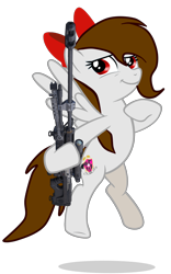 Size: 4500x7200 | Tagged: safe, artist:rsa.fim, oc, oc only, oc:whisper hope, species:pegasus, species:pony, absurd resolution, bow, cutie mark, female, floating, gun, halo (series), halo:reach, hooves, mare, mexican, optical sight, ribbon, rifle, simple background, smiling, sniper, sniper rifle, solo, spread wings, srs-99, transparent background, unitárium, weapon, wings