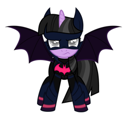 Size: 2048x1948 | Tagged: safe, artist:joeycrick, artist:mrcbleck, character:twilight sparkle, character:twilight sparkle (alicorn), species:alicorn, species:bat pony, species:pony, arkham city, bat pony alicorn, bat wings, batgirl, batman, batmare, crossover, dc comics, female, solo, spread wings, wings
