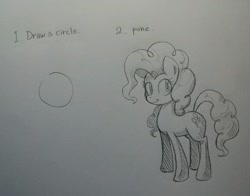 Size: 1139x894 | Tagged: safe, artist:discommunicator, character:pinkie pie, first you draw a circle, how to draw, how to draw an owl meme, ironic tutorial, monochrome, pencil drawing, pone, traditional art, tutorial