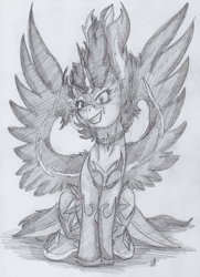 Size: 2223x3078 | Tagged: safe, artist:stormblaze-pegasus, character:midnight sparkle, character:twilight sparkle, character:twilight sparkle (scitwi), species:eqg human, equestria girls:friendship games, g4, my little pony: equestria girls, my little pony:equestria girls, clothing, equestria girls ponified, female, midnight sparkle, monochrome, ponified, signature, sitting, smiling, solo, spread wings, traditional art, wings