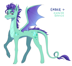 Size: 1666x1535 | Tagged: safe, artist:pikokko, oc, oc only, oc:swift wing, parent:princess ember, parent:zephyr breeze, species:dracony, cloven hooves, crack shipping, hybrid, interspecies offspring, male, offspring, pony hybrid, solo