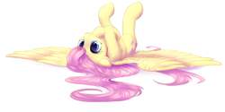 Size: 2200x1100 | Tagged: safe, artist:peachmayflower, character:fluttershy, species:pegasus, species:pony, blushing, cute, female, floppy ears, legs in air, mare, on back, shyabetes, simple background, smiling, solo, spread wings, white background, wings