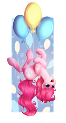 Size: 1400x2600 | Tagged: safe, artist:peachmayflower, character:pinkie pie, balloon, cute, diapinkes, female, flying, open mouth, smiling, solo, then watch her balloons lift her up to the sky, underhoof, upside down