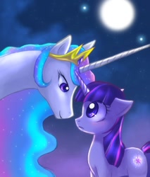 Size: 1074x1260 | Tagged: safe, artist:jacky-bunny, character:princess celestia, character:twilight sparkle, species:alicorn, species:pony, species:unicorn, ship:twilestia, eye contact, female, lesbian, looking at each other, mare, moon, night, shipping