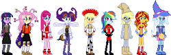 Size: 340x110 | Tagged: safe, artist:toonalexsora007, character:applejack, character:derpy hooves, character:fluttershy, character:pinkie pie, character:rainbow dash, character:rarity, character:sunset shimmer, character:trixie, character:twilight sparkle, my little pony:equestria girls, clothing, cosplay, costume, crossover, dark magician girl, darkstalkers, elastigirl, final fight, halloween, halloween costume, harry potter, hermione granger, jessie (toy story), mona, mona the vampire, paper bag wizard, paper bags, pixel art, queen bee, simple background, sprite, the incredibles, toy story, transparent background, wonder woman, yu-gi-oh!
