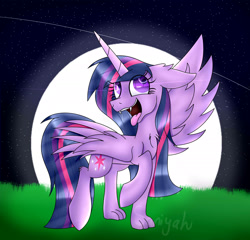 Size: 2600x2500 | Tagged: safe, artist:tomboygirl45, character:twilight sparkle, character:twilight sparkle (alicorn), species:alicorn, species:pony, behaving like a dog, chest fluff, fangs, full moon, hengstwolf, moon, night, solo, tongue out, transformation, werewolf