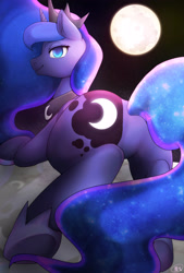 Size: 2362x3496 | Tagged: safe, artist:hosikawa, character:princess luna, female, leaning, lidded eyes, looking at you, looking back, mare in the moon, moon, moonbutt, plot, praise the moon, raised leg, smiling, solo
