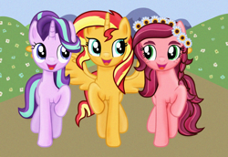 Size: 1294x891 | Tagged: safe, artist:majkashinoda626, character:gloriosa daisy, character:starlight glimmer, character:sunset shimmer, species:alicorn, species:pony, equestria girls:legend of everfree, g4, my little pony: equestria girls, my little pony:equestria girls, alicornified, equestria girls ponified, freckles, happy, looking at each other, open mouth, ponified, race swap, raised hoof, reformed, shimmercorn, smiling, spread wings, trio, wings