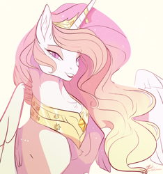Size: 1280x1369 | Tagged: dead source, safe, artist:clockworkquartet, character:princess celestia, species:alicorn, species:pony, bedroom eyes, bust, collar, colored pupils, crown, eyeshadow, female, fluffy, grin, horn jewelry, jewelry, looking at you, makeup, mare, necklace, open mouth, pink mane, pink-mane celestia, regalia, signature, simple background, smiling, solo, spread wings, wings