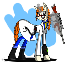 Size: 2100x1791 | Tagged: safe, artist:derpanater, oc, oc only, oc:precision cuts, species:pony, species:unicorn, fallout equestria, clothing, commission, cute, doctor, glasses, gun, lever action rifle, magic, pipbuck, scrubs (gear), simple background, solo, telekinesis, transparent background, vault suit, weapon