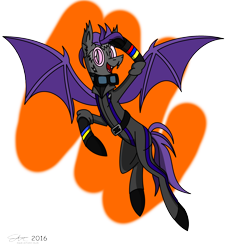 Size: 2100x2319 | Tagged: safe, artist:derpanater, oc, oc only, oc:pyrite, species:bat pony, species:pony, fallout equestria, canterlot ghoul, clothing, commission, flight suit, flying, ghoul, glowing eyes, looking at you, simple background, smiling, solo, transparent background