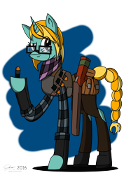 Size: 2000x2667 | Tagged: safe, artist:derpanater, oc, oc only, oc:cherry bomb, species:pony, species:unicorn, fallout equestria, clothing, commission, glasses, grenades, plaid, pouches, scarf, simple background, smirk, solo, transparent background