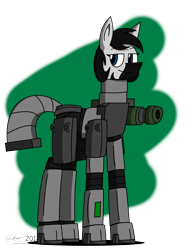 Size: 2000x2667 | Tagged: safe, artist:derpanater, oc, oc only, oc:tripwire, species:zony, fallout equestria, armor, commission, gun, male, powered exoskeleton, simple background, solo, weapon