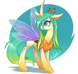 Size: 3769x3593 | Tagged: safe, artist:jadedjynx, character:queen chrysalis, species:changeling, species:reformed changeling, episode:to where and back again, g4, my little pony: friendship is magic, abstract background, changeling queen, chest fluff, female, fluffy, frown, good, purified chrysalis, reformed, signature, solo, spread wings, what if, wide eyes, wings