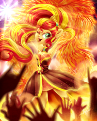 Size: 900x1125 | Tagged: safe, artist:jadedjynx, character:sunset shimmer, episode:my past is not today, equestria girls:rainbow rocks, g4, my little pony: equestria girls, my little pony:equestria girls, armpits, audience, cleavage, clothing, commission, concert, crepuscular rays, dress, female, fiery shimmer, hand, open mouth, ponied up, rock on, signature, sleeveless, solo, strapless, sunset phoenix