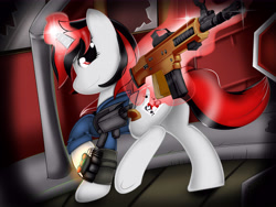 Size: 8000x6000 | Tagged: safe, artist:handmantoot, oc, oc only, oc:blackjack, species:pony, species:unicorn, fallout equestria, fallout equestria: project horizons, absurd resolution, armor, assault rifle, clothing, fanfic, fanfic art, female, fn scar, glowing horn, gun, hooves, horn, levitation, magic, mare, pipbuck, plot, print, raised hoof, scenery, security armor, solo, telekinesis, underhoof, vault security armor, vault suit, weapon