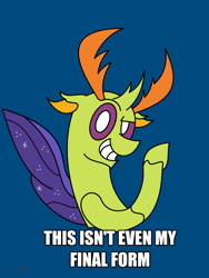 Size: 1500x2000 | Tagged: safe, artist:derpanater, character:thorax, species:changeling, species:reformed changeling, episode:to where and back again, g4, my little pony: friendship is magic, exploitable meme, floppy ears, grin, looking at you, male, meme, raised eyebrow, simple background, smiling, smirk, smug, solo, spread wings, this isn't even my final form, wings