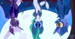 Size: 1024x535 | Tagged: safe, artist:meekcheep, oc, oc only, oc:marina (efnw), oc:saros, oc:spirit chaser, species:bat pony, behaving like a bat, cute, everfree northwest, grin, hanging, looking at you, mascot, moon, night, one of these things is not like the others, orca pony, original species, smiling, squee, tree, upside down