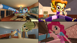 Size: 6058x3415 | Tagged: safe, artist:scalelover, character:adagio dazzle, character:applejack, character:pinkie pie, character:rainbow dash, my little pony:equestria girls, 3d, absurd file size, absurd resolution, boots, clothing, cowboy hat, cramped, denim skirt, giantess, growth, hat, macro, request, room, skirt, source filmmaker, stetson