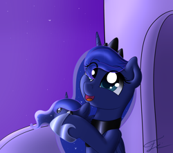 Size: 1700x1500 | Tagged: safe, artist:fluttair, character:princess luna, balcony, blob, blob ponies, cute, female, looking up, night, open mouth, plushie, ponidox, self plushidox, self ponidox, smiling, stars, too many ponies