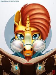 Size: 1080x1440 | Tagged: safe, artist:wwredgrave, character:sunburst, species:anthro, book, bust, glasses, magic, male, portrait, solo, uncanny valley, wizard