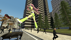 Size: 3020x1698 | Tagged: safe, artist:scalelover, character:fluttershy, species:human, my little pony:equestria girls, 3d, city, clothing, destruction, female, giantess, gmod, kick, macro, people, request, scenery, skirt, solo, tank top, vehicle