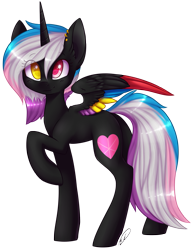 Size: 1207x1568 | Tagged: safe, artist:doekitty, oc, oc only, oc:flaming rainbow, species:alicorn, species:pony, colored wings, heterochromia, multicolored wings, simple background, solo, transparent background