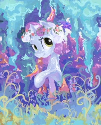 Size: 2000x2467 | Tagged: safe, artist:my-magic-dream, character:sweetie belle, species:pony, species:unicorn, female, filly, floral head wreath, flower, looking at you, mare, one hoof raised, solo