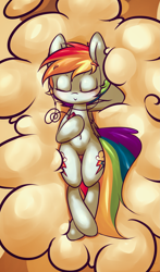 Size: 2963x5023 | Tagged: safe, artist:bloodatius, character:rainbow dash, armpits, both cutie marks, cloud, eyes closed, female, mp3 player, on back, smiling, solo