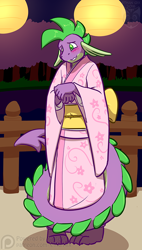 Size: 500x882 | Tagged: safe, artist:ethanqix, character:spike, species:anthro, species:dragon, blushing, clothing, crossdressing, cute, kimono (clothing), male, older spike, shy, solo, teenage spike, teenaged dragon, tree
