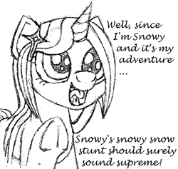 Size: 625x592 | Tagged: safe, artist:adlaz, oc, oc only, oc:snowy, comic:snowy's adventure, alliteration, cyoa, open mouth, solo, underhoof