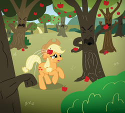 Size: 1000x902 | Tagged: safe, artist:icaron, character:applejack, species:earth pony, species:pony, angry, animate object, apple, apple orchard, apple tree, food, lol, meme, orchard, rage face, rebellion, show accurate, sweet apple acres, the wizard of oz, throwing, tree