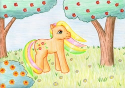 Size: 1024x724 | Tagged: safe, artist:normaleeinsane, g3, female, flower, grass, solo, spring parade, traditional art, tree