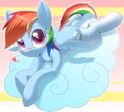 Size: 1000x905 | Tagged: safe, artist:oze, character:rainbow dash, species:pegasus, species:pony, blushing, clothing, cloud, cute, dashabetes, female, heart, lying down, mare, rainbow shy dash, small wings, socks, solo, sweat