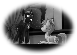 Size: 3310x2387 | Tagged: safe, artist:skorpionletun, character:dinky hooves, character:nightmare moon, character:princess luna, character:twilight sparkle, oc, oc:nyx, species:alicorn, species:pony, fanfic:past sins, black and white, chapter image, clothing, cosplay, costume, fanfic, fanfic art, grayscale, monochrome, nightmare nyx, school play, simple background, transparent background, unshorn fetlocks